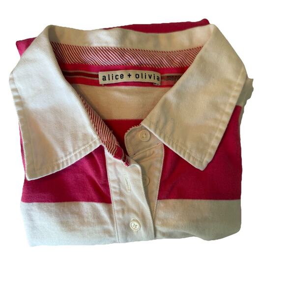 Alice + Olivia Treva Boxy Polo Shirt Sz LG Pink & White Preppy Coastal College - Picture 10 of 11